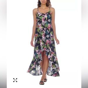 RAVIYA Floral Print Swim Cover-Up Maxi Dress Small Hi-low Ruffle Hem Tropical